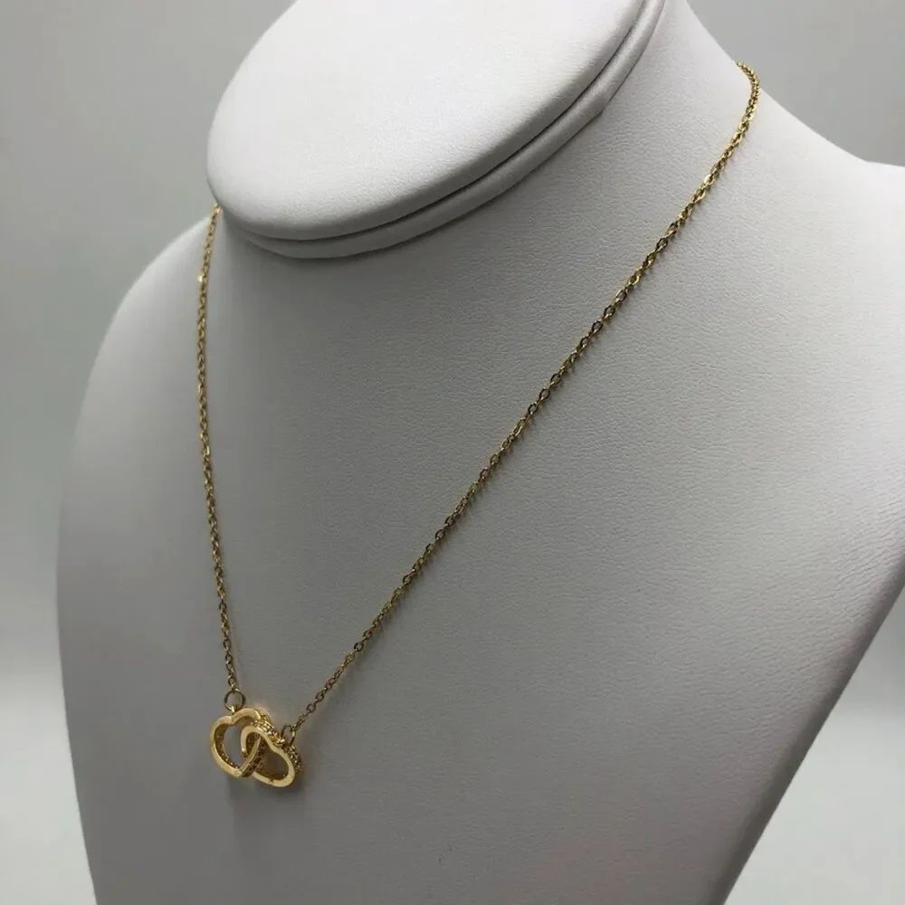 18K Gold Plated Women's Cubic Zirconia Dual Interlocking Heart Necklace Love